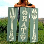 Giant Spoon Fork And Eat Rustic Painted Wood Signs Kitchen Etsy
