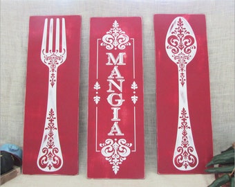Spoon Fork And Eat Rustic Painted Wood Signs Kitchen Wall Etsy