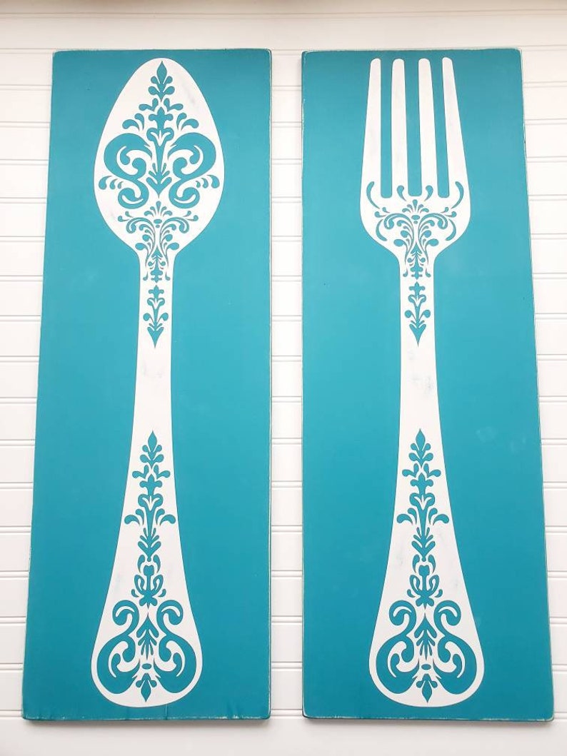 GIANT SPOON FORK and Eat Rustic Painted Wood Signs Kitchen Etsy