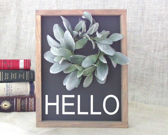 Farmhouse Framed Hello Sign With Lambs Ear Wreath Farmhouse Etsy