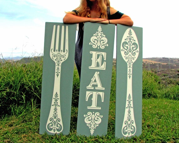 Giant Spoon Fork And Eat Rustic Painted Wood Signs Kitchen Etsy