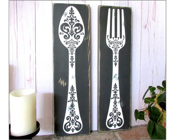 spoon fork eat rustic kitchen wall decor large fork and | etsy
