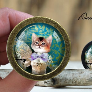 Puede incluir: Un cabujón redondo de vidrio enmarcado en dorado con un fondo estampado en azul turquesa y dorado. Un gato con un vestido blanco y un lazo morado sostiene un abanico. El texto "Dan's diary" está en el fondo.