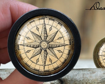 Knop cabochonglas kompasroos: vintage bronzen kastknop