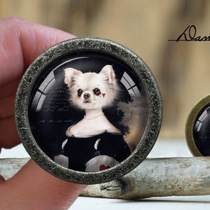 May include: A silver-toned round pendant with a glass cameo featuring a white chihuahua wearing a black dress and a red heart on its chest. The text "Dan's diary" is written in black ink on a white background.