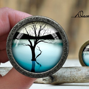 May include: A silver-toned round knob with a glass insert featuring a silhouette of a tree reflected in a blue body of water. The background is a hazy blue.