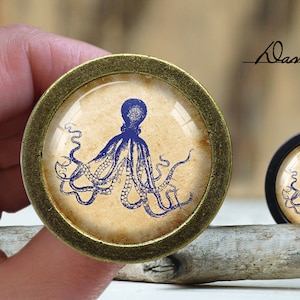 以下が含まれることがあります： ベージュの背景に青いタコが描かれたヴィンテージイラストが施されたガラス製のインサートが付いた真鍮製のノブ。ノブの上に黒色の筆記体で「Dan's diary」と書かれている。