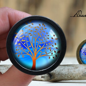 Könnte beinhalten: Zwei runde, dekorative Glascabochons mit einem goldenen Baumdesign auf blauem Hintergrund. Der größere Cabochon ist in einen schwarzen Metallrahmen gefasst, während der kleinere Cabochon in einen Messingrahmen gefasst ist.