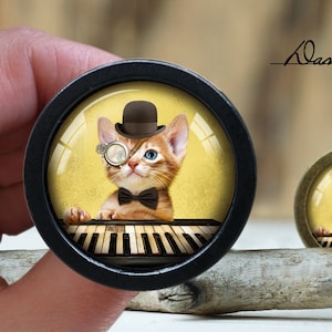 May include: A close-up of a round, black framed glass cabochon with a yellow background. A ginger kitten wearing a black top hat and a monocle is playing a miniature piano. The text "Dan's diary" is visible in the background.