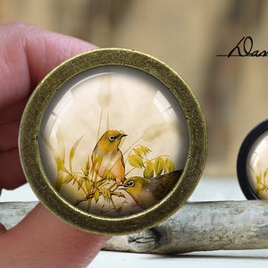 Może przedstawiać: Gałka mosiężna z okrągłym wstawką szklaną przedstawiającą akwarelę dwóch żółtych ptaków siedzących na gałęziach. Tło jest w kolorze jasnego beżu z odcieniami brązu i bieli.
