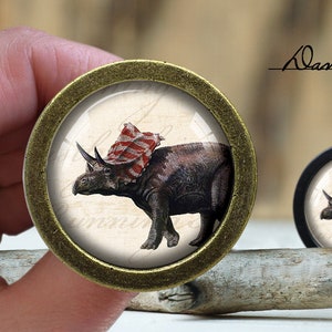 Pode incluir: Um botão redondo dourado com um inserto de vidro que apresenta uma ilustração de desenho animado de um rinoceronte marrom usando um chapéu listrado vermelho, branco e azul. O rinoceronte está em pé sobre um fundo branco com texto preto.