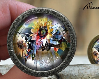 Flower Glass Cabochon Bronze Cabinet Knob: Dresser Pull Furniture Knob