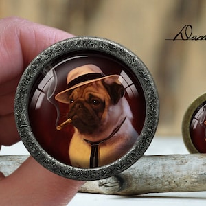 May include: A close-up of a round, silver-colored, decorative knob with a glass insert featuring a pug wearing a fedora and smoking a cigar. The text "Dan's diary" is visible in the background.