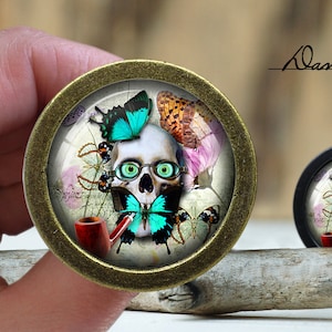 May include: A round, bronze-coloured pendant with a glass dome featuring a skull with green eyes and a turquoise butterfly. The skull is surrounded by colourful butterflies and flowers.