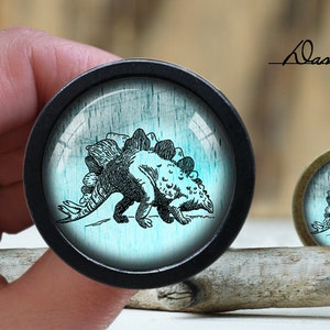 Pode incluir: Uma ilustração em preto e branco de um dinossauro estegossauro sobre um fundo azul e branco. A imagem está dentro de um cabochão redondo de vidro com moldura preta.