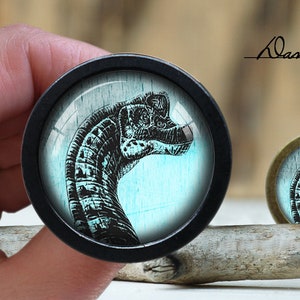 Pode incluir: Uma ilustração em preto e branco de um dinossauro em um fundo azul e branco. A ilustração está em um botão redondo preto.