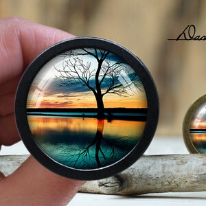 Può includere: Una cupola di vetro incorniciata in nero con una scena di tramonto che presenta una silhouette di un albero riflesso nell'acqua. La scena si svolge su uno sfondo di tonalità arancioni, gialle e blu.