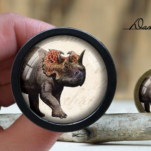 Pode incluir: Um botão redondo preto e bronze com fundo branco e uma ilustração detalhada de um dinossauro marrom e vermelho com chifres. O texto "Alan's diary" está escrito em preto sobre um fundo branco acima do botão.