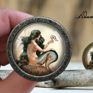 Mermaid Glass Cabochon Bronze Cabinet Knob: Dresser Pull Furniture Knob