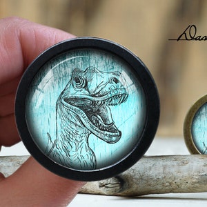 May include: A black and blue round knob with a graphic of a dinosaur head. The dinosaur is drawn in black and white and has a blue background.