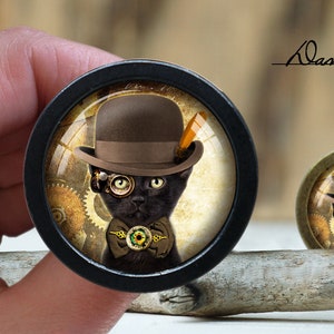 May include: A black cat wearing a brown bowler hat and round glasses with a steampunk-inspired design. The cat is wearing a bow tie with a green and gold design. The image is set against a background of gears and cogs.