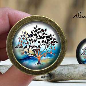Può includere: Un pomello rotondo di colore bronzo con un inserto di vetro che presenta un albero stilizzato con foglie blu, arancioni e marroni su uno sfondo blu e bianco. Il testo "Dan's diary" è visibile sullo sfondo.
