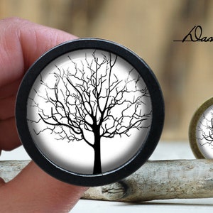 May include: Two round black and gold framed decorative ornaments with a white background and a black silhouette of a bare tree branch.  The text "Dan's diary" is printed in black on a white background.