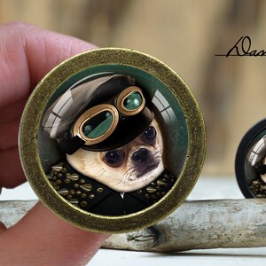 May include: A pair of round, gold-colored earrings with a chihuahua wearing aviator goggles and a black hat. The chihuahua is wearing a black jacket with gold studs. The earrings are on a wooden surface.