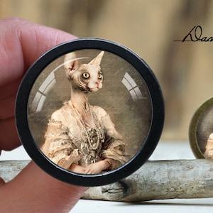 Op de afbeelding: Een zwarte geframed glazen cabochon met een portret van een haarloze kat die een witte kanten jurk en een parelketting draagt. De kat kijkt naar links. De achtergrond is lichtbruin.