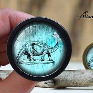 Pode incluir: Dois cabochões redondos decorativos de vidro, preto e bronze, com fundo azul turquesa e uma ilustração em preto e branco de um dinossauro. O cabochão maior está em primeiro plano e o menor está no fundo.