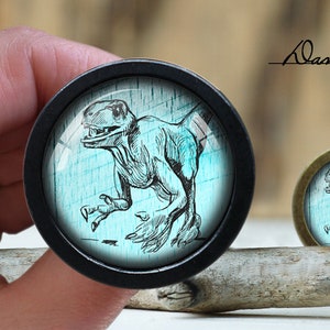 May include: A black and blue dinosaur illustration on a round, black, glass-like surface. The dinosaur is running and has a blue background.