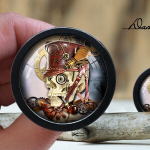May include: A pair of black and silver steampunk-style ear gauges featuring a skull wearing a top hat and goggles. The skull is holding a pipe in its mouth.
