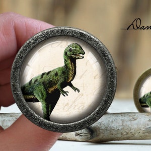 Pode incluir: Um botão redondo de cor prateada com um inserto de vidro que apresenta uma ilustração de um dinossauro verde. O dinossauro é retratado em um estilo vintage com um fundo branco e texto preto.