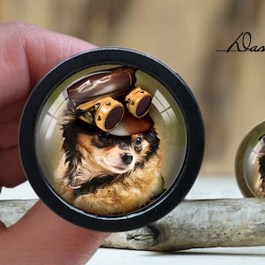 May include: A small dog wearing a brown leather hat with goggles, the dog is looking at the camera, the image is in a round glass frame with a black border.