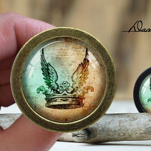 Può includere: Un ciondolo rotondo dorato con una cupola di vetro che presenta un'illustrazione vintage di una corona con ali. Le ali sono verdi, blu e arancioni. Lo sfondo è una pergamena sbiadita di colore crema con testo scritto a mano.