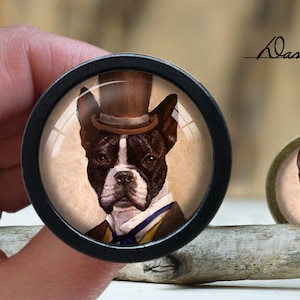 May include: A black and white Boston Terrier wearing a brown top hat with a black band. The dog is looking directly at the camera. The image is in a round, glass-like frame with a black border.