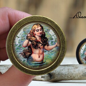 May include: Two round, antique-style cabinet knobs with a mermaid illustration. The mermaid has long brown hair and a blue tail, set against a watery background. The knobs have a bronze finish and are displayed on a wooden surface. The text "Dan's diary" is visible.