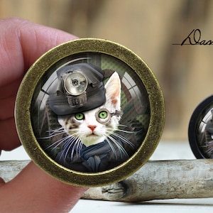 May include: A white cat with green eyes wearing a black and silver steampunk-style hat with a headlamp. The cat is framed in a round, gold-colored metal frame.