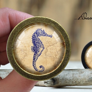 Puede incluir: Dos pomos redondos decorativos con un fondo de mapa vintage y una ilustración de caballito de mar azul. El pomo más grande tiene un acabado en latón y el pomo más pequeño tiene un acabado en negro.