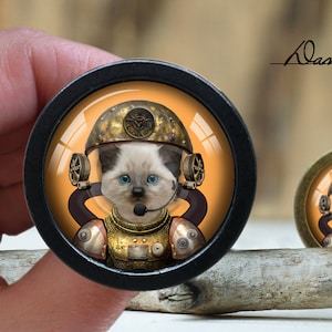 May include: A white cat wearing a steampunk-style helmet with goggles and a microphone. The cat is in a round, orange-colored frame with a black border. The frame is on a wooden surface.