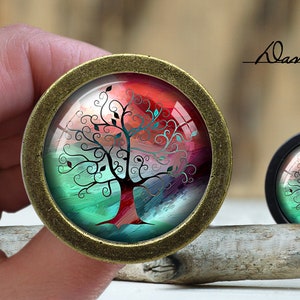 May include: A round, bronze-colored, decorative knob with a glass insert featuring a stylized tree with a red, pink, green, and blue watercolor background. The text "Dan's diary" is visible in the background.