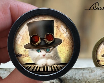 Cat Glass Cabochon Bronze Cabinet Knob: Dresser Pull Furniture Knob