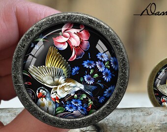 Bird Glass Cabochon Bronze Cabinet Knob: Dresser Pull Furniture Knob
