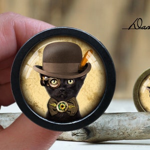 以下が含まれることがあります： オレンジ色の羽根、金の鎖、モノクルをつけた茶色のボウラーハットをかぶった黒い猫。猫はカメラをじっと見つめている。画像はヴィンテージな背景に設定されている。