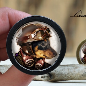 May include: A small brown and black dog wearing a brown leather motorcycle helmet with goggles and earmuffs. The dog is looking to the right. The image is in a round, black frame.