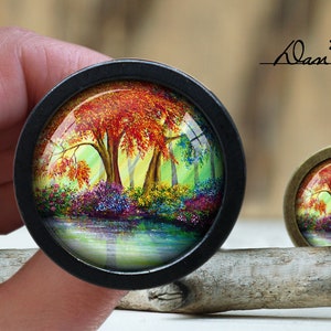 May include: Two round decorative cabinet knobs with a landscape painting of a tree with red and orange leaves, a body of water, and colorful flowers. One knob is black, the other is bronze.