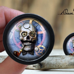 May include: A black and silver skull with a monocle and a pipe, surrounded by gears and clockwork, on a blue and pink background. The skull is wearing a bow tie. The image is inside a round, black frame.