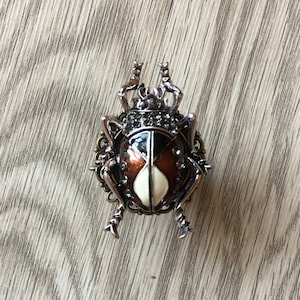 May include: A silver and brown beetle brooch with a white and brown enamel design and rhinestones.
