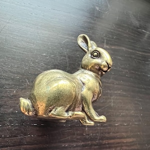 May include: A detailed brass rabbit figurine, posed in a seated position. The sculpture has a weathered, antique appearance, with visible texture and detail. The rabbit's ears are perked up, and its eyes are clearly defined.