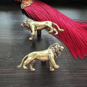 May include: Two brass lion-shaped cabinet pulls with detailed manes and muscular bodies. A long, red tassel with an ornate, gold-toned decorative piece is in the background. The pulls are on a dark wood surface.